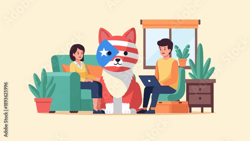 Diverse people and a patriotic dog relaxing in a cozy home setting