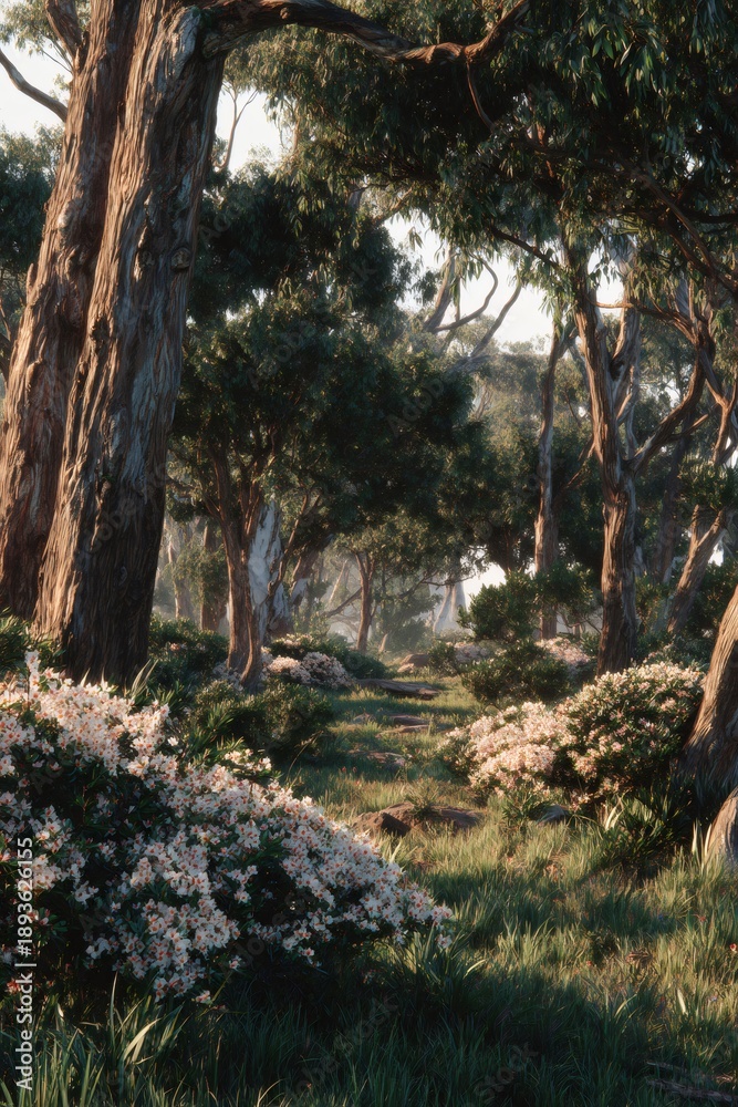 Fototapeta premium Forest path winding through blooming wildflowers and trees