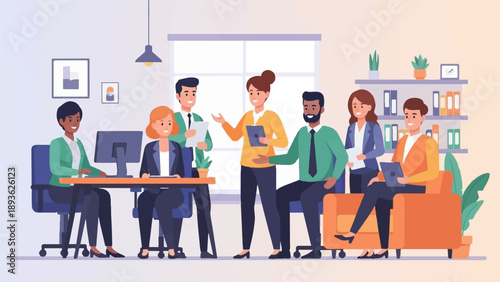 Diverse professionals collaborate in a modern office setting, discussing ideas