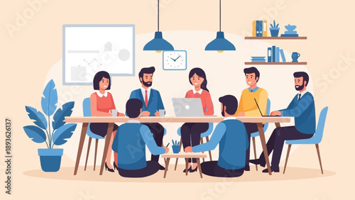 Diverse team collaborates around a table in a bright, modern meeting room