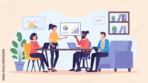 Diverse professionals collaborate in a modern office, analyzing data and discussing ideas