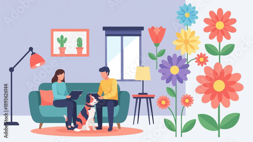 Cozy living room with couple, dog, and colorful flowers