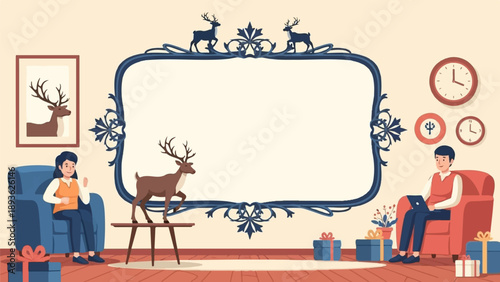 Cozy room scene with people, reindeer decorations and presents