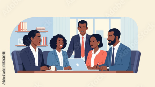 Diverse professionals collaborate and discuss ideas around a laptop