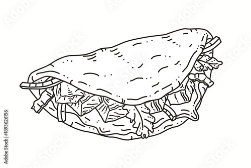 Hand drawn fusion taco sandwich in flatbread, stuffed with meat, vegetables and sauce. Black and white line art shawarma kebab wrap illustration for street food menu, logo, packaging, fast food design