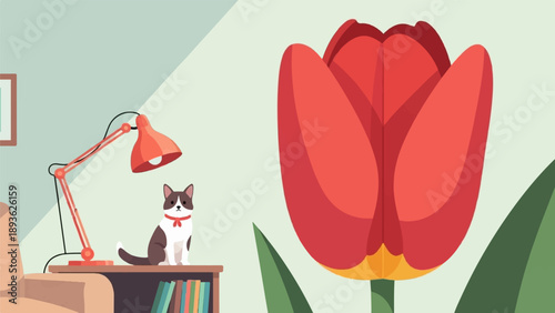 Cozy room scene with a cute cat, a desk lamp, books, and a large red tulip