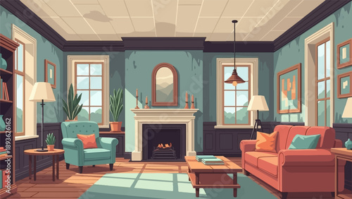 Cozy pixel art living room with fireplace, sofa, and armchair