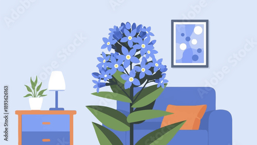 Cozy living room scene with blue flowers and armchair