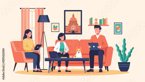 Cozy living room scene with people and dog using laptops