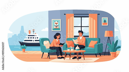 Cozy interior with a couple reading as a ship sails outside