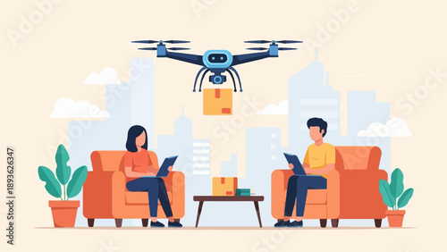 Drone delivering package to people working on laptops in a city