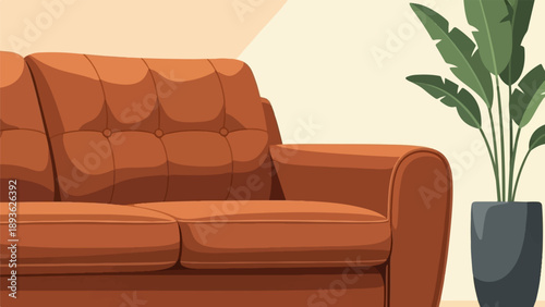 Cozy interior scene with a tufted brown sofa and a large potted plant