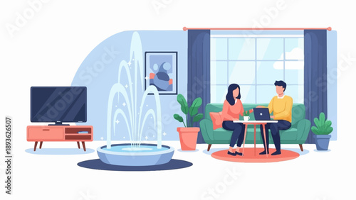 Couple relax in room with indoor fountain and watching TV