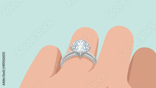 Elegant diamond ring on a finger, against a soft blue background