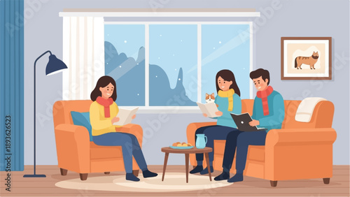 Cozy indoor scene with family reading books and enjoying a warm winter day