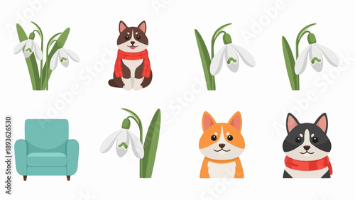 Cute cartoon dogs, snowdrops, and armchair on a white background