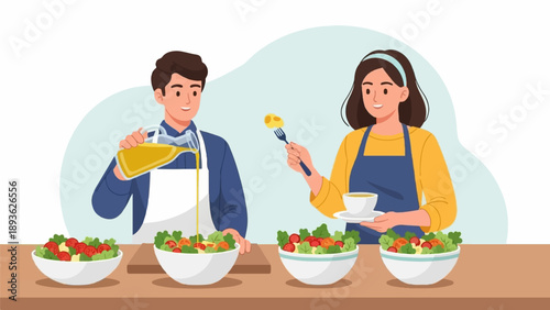 Couple preparing salads together, one adding dressing