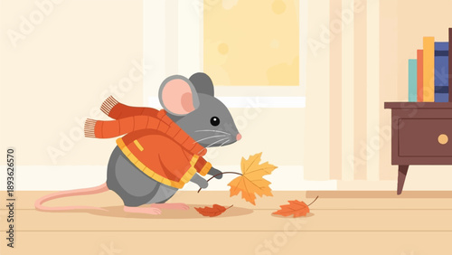 Cute cartoon mouse wearing an orange scarf and jacket, picking up autumn leaves indoors