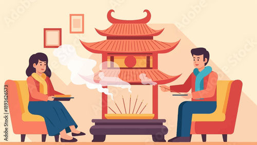 Couple participates in incense ritual near pagoda indoors