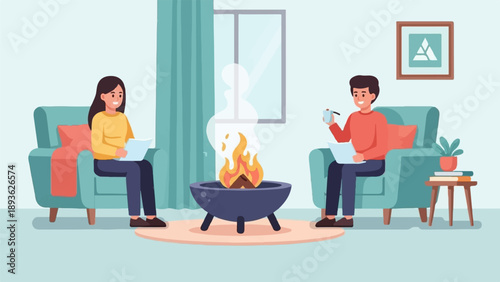 Cozy indoor scene with a fireplace, two people relaxing in armchairs, reading