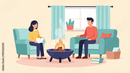 Cozy indoor scene with a couple sitting by a fire pit