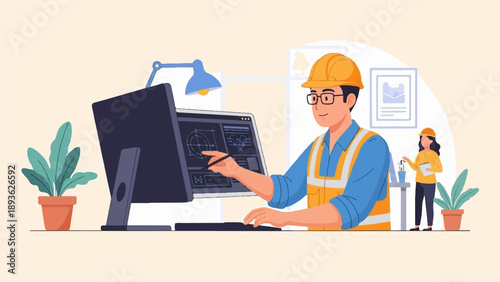 Engineers collaborating on computer designs in an office setting with plants