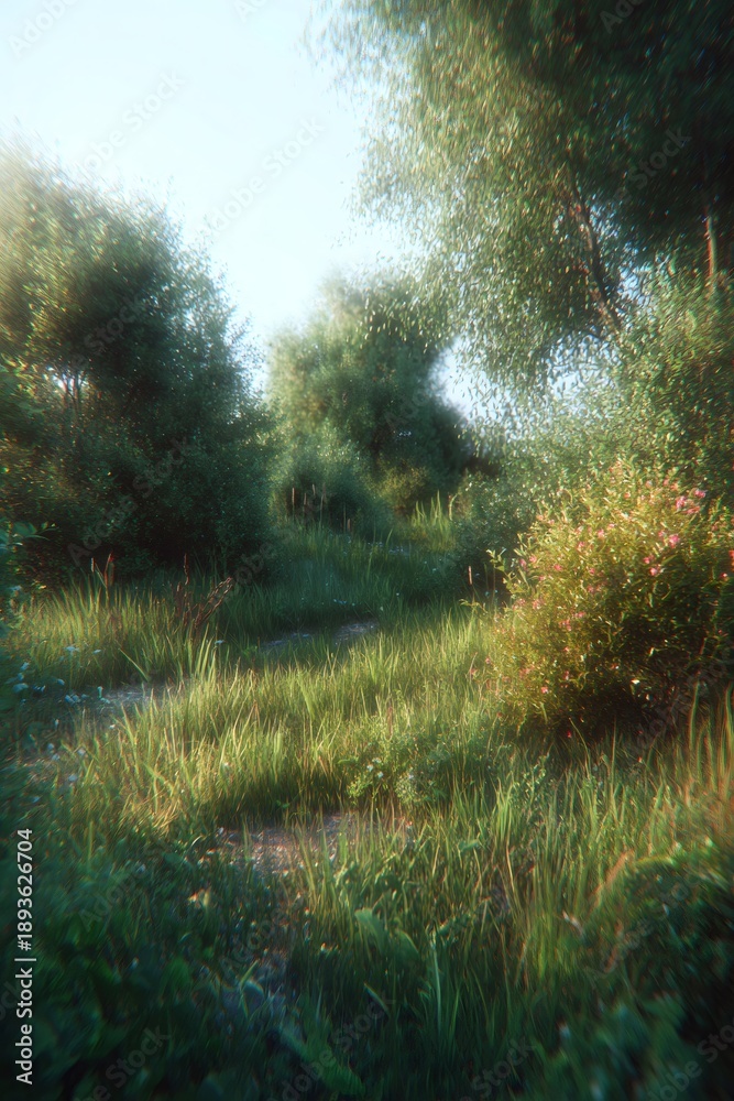 Fototapeta premium Winding path through lush green forest meadow