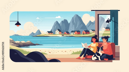 Cozy home interior with people, dog, and scenic coastal view