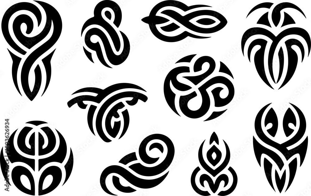 Fototapeta premium Tribal Tattoo Design Set – Abstract Black Ink Vector Collection