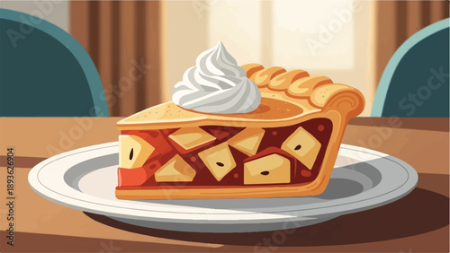 A slice of pie with whipped cream on a white plate on a table