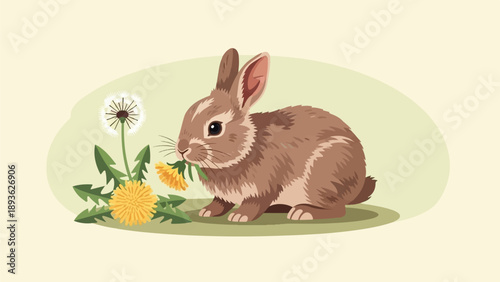 A small rabbit munches on yellow dandelions in a light green oval