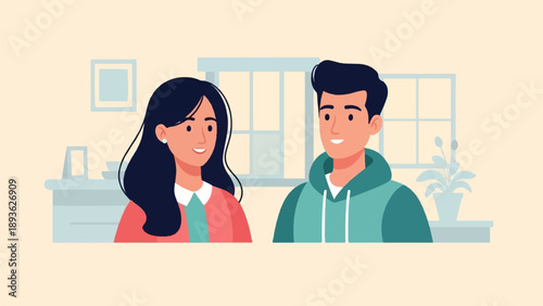 A smiling woman and man are featured in a flat illustration