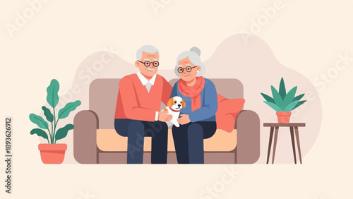 Affectionate elderly couple sitting on a sofa holding their small dog