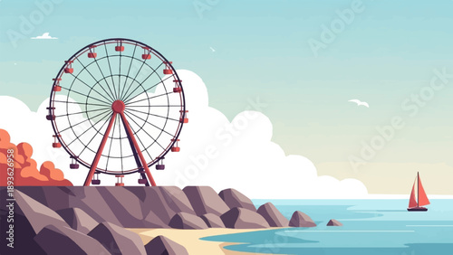 Amusement park Ferris wheel overlooks a beach with a sailboat in the sea