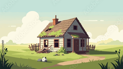 An abandoned house sits in a grassy field under a cloudy sky