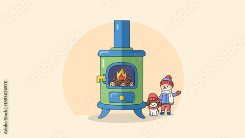 Cute dogs in winter clothes stand by a lit fireplace in a cozy setting