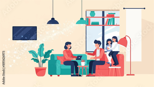 Cozy family scene with people relaxing and working at home