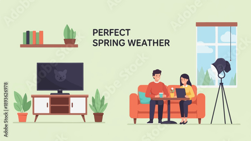 Couple enjoying indoor activities during perfect spring weather, with plants and TV