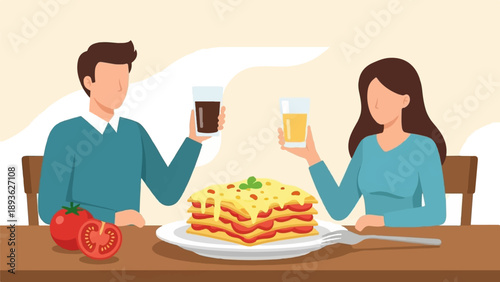 Couple enjoying a meal of lasagna with drinks and tomatoes