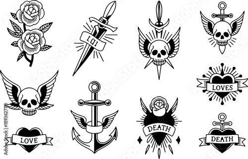 Adventure & Tattoo Icon Vector Set – Compass, Anchor, Skull, Panther Symbols