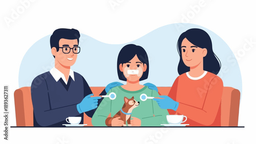 Family cares for injured child with pet dog nearby