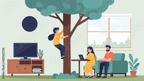 Family at home with tree, clock, TV, and window view