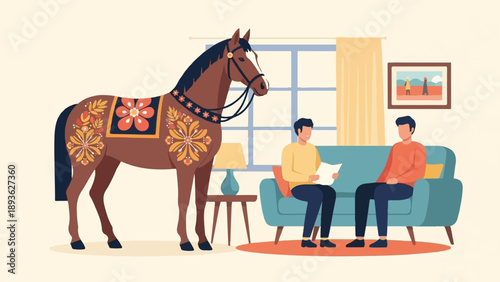 Decorated horse in room with two men on a couch