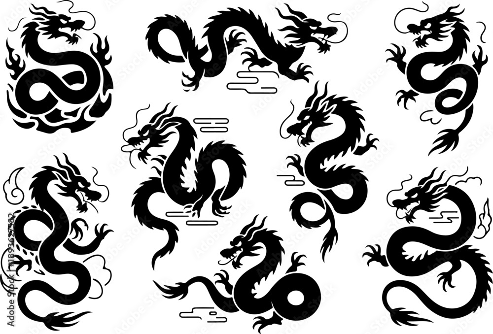 Obraz premium Black Dragon Silhouette Tattoo Icon Set