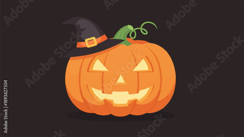 A jack-o-lantern wearing a witch's hat smiles eerily on a dark background