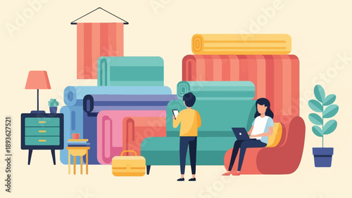 A home scene with people and fabric rolls for interior design
