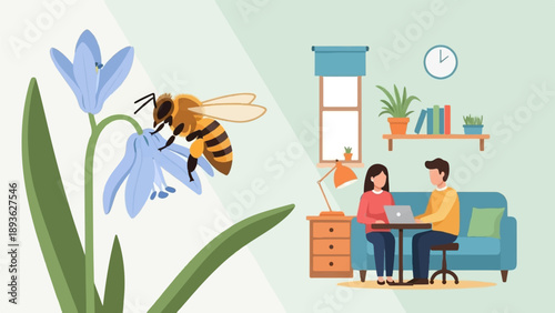 A bee pollinates a blue flower while people work on laptops at home