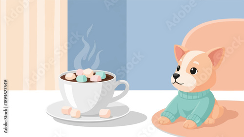 Cozy dog in sweater enjoys hot chocolate with marshmallows