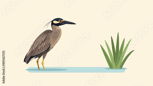 A bird with yellow accents on its head and red eyes stands near reeds