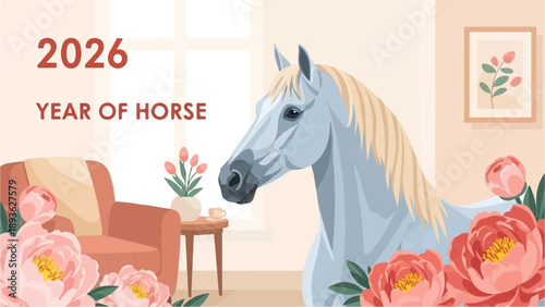 A stylish white horse portrait celebrates the 2026 Year of the Horse, with flowers